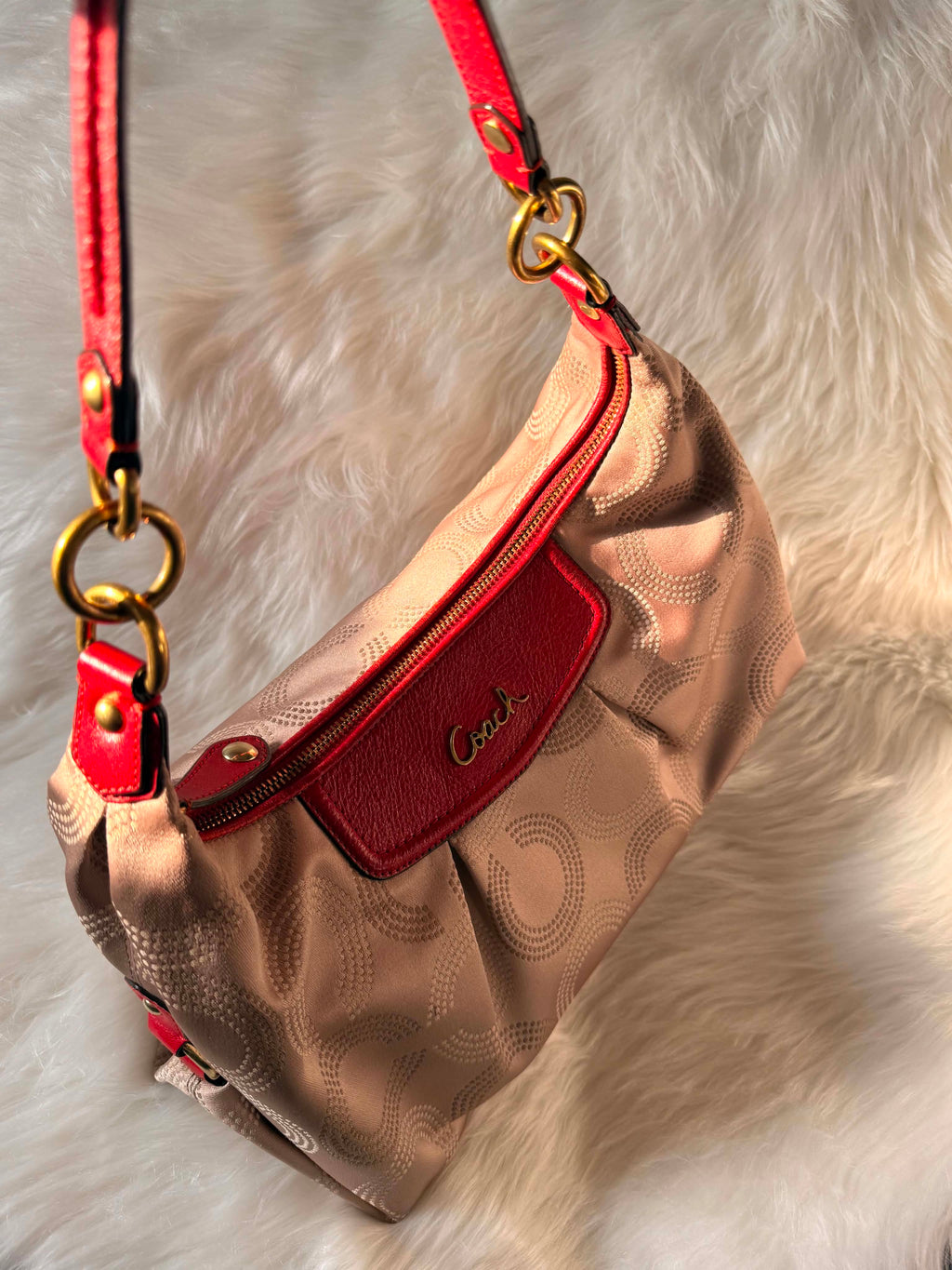 Coach Ashley Red Dotted Op Art Convertible Hobo Bag