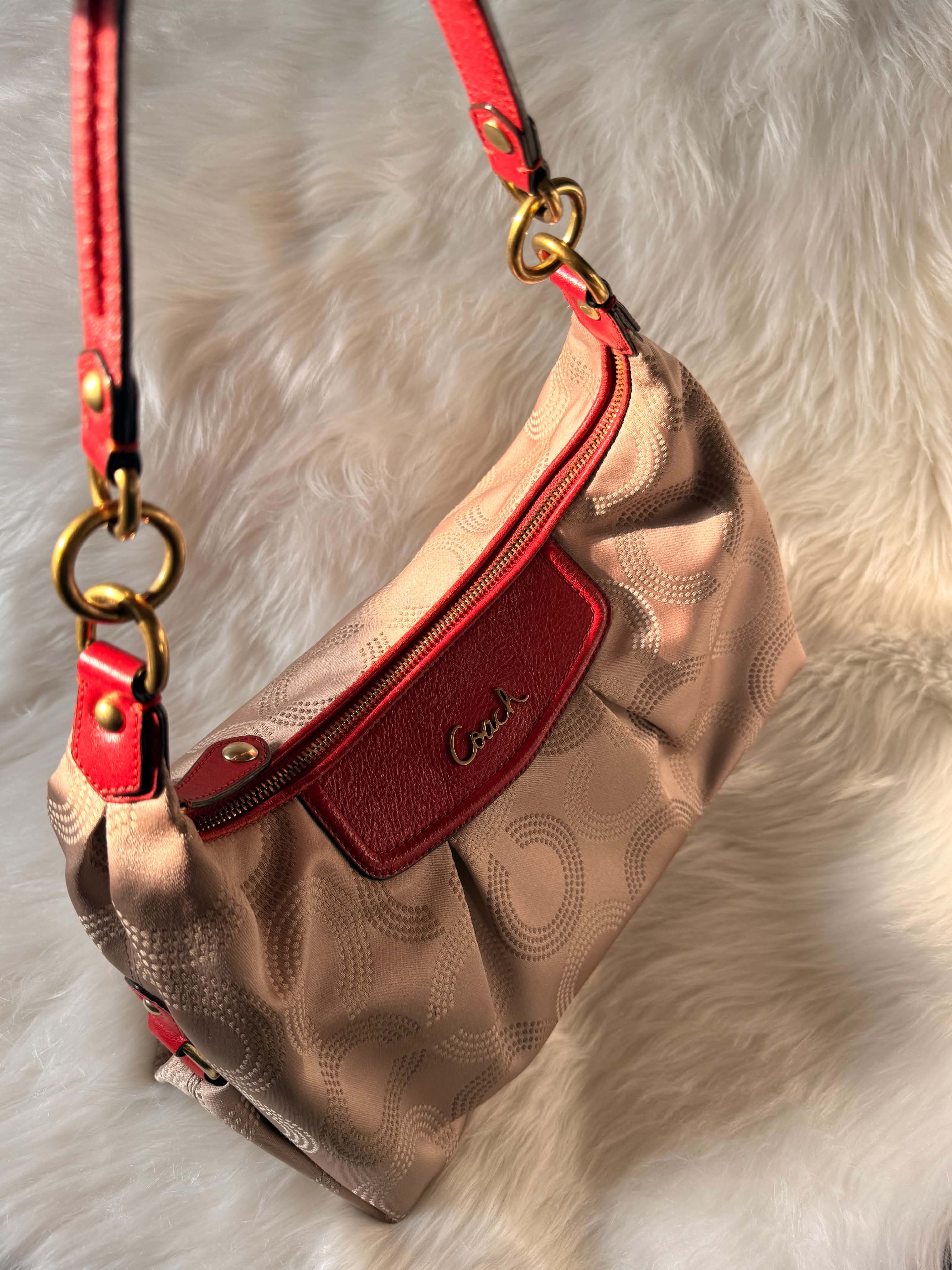 Coach Ashley Red Dotted Op Art Convertible Hobo Bag