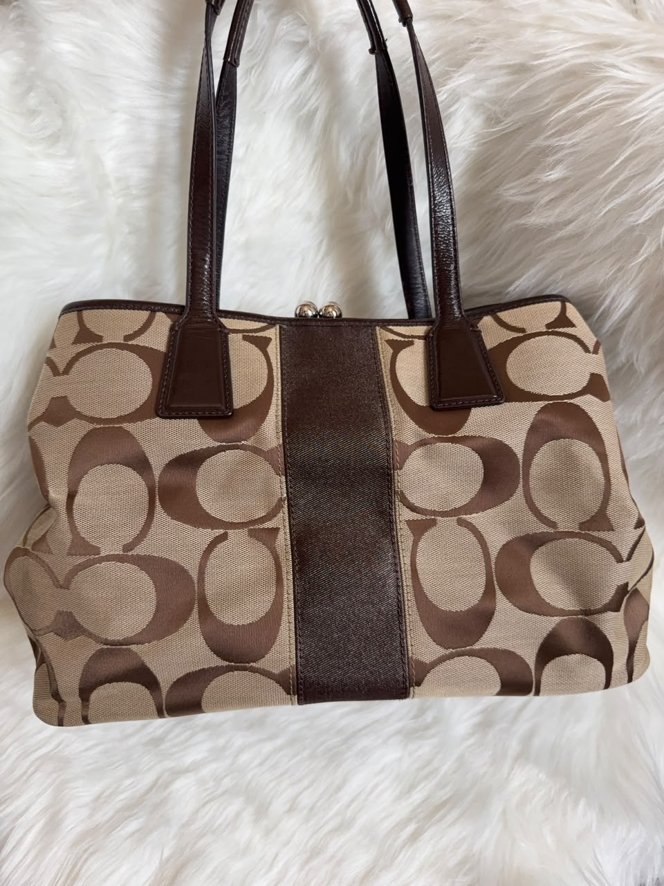 Coach Signature Stripe Framed Kisslock Carryall