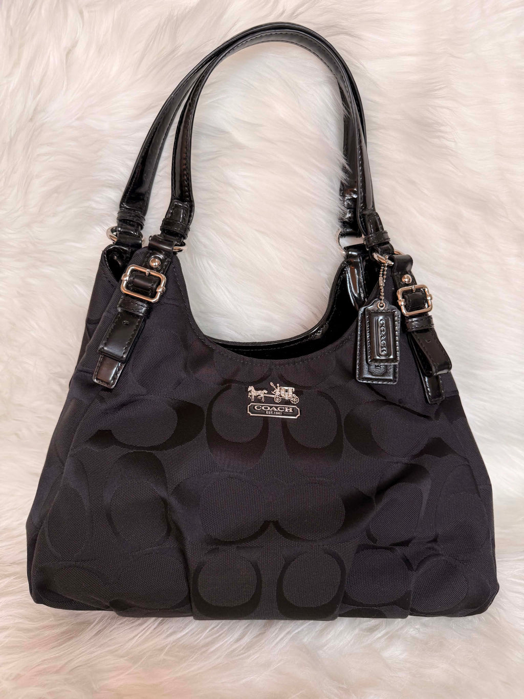 Vintage Coach Madison Black Hobo Opt Art Signature Canvas