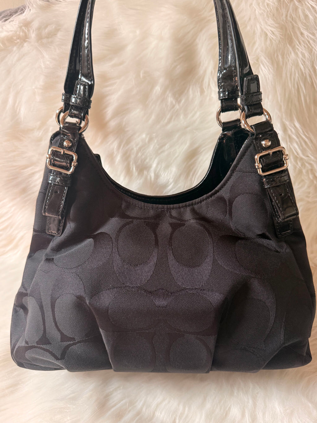 Vintage Coach Madison Black Hobo Opt Art Signature Canvas